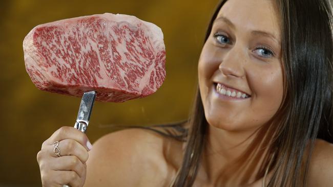 Toni Oates checks out the Wagyu beef from Japan, used in the $400-a-head dinner at Electra House. Picture Dean Martin