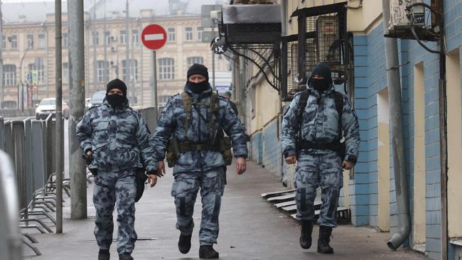 Russian law enforcement officers secure an area outside the Basmanny District Court in Moscow. Picture: AFP.