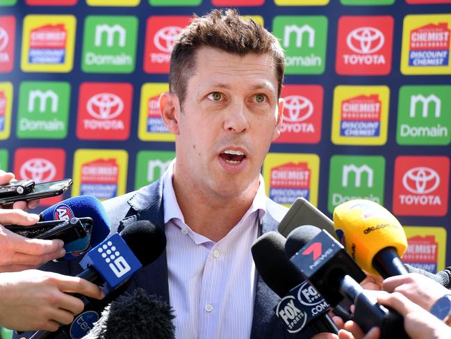 ADELAIDE, AUSTRALIA - SEPTEMBER 27:  Crows CEO Andrew Fagan speaks to media at the end of an Adelaide Crows AFL Grand Final training session at Adelaide Oval on September 27, 2017 in Adelaide, Australia.  (Photo by Mark Brake/Getty Images)