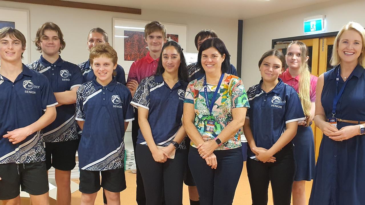 Chief Minister Natasha Fyles, Deputy Chief Minister Nicole Manison and local high school students who helped with catering at the launch at Arnhem Space Centre. Picture: Equatorial Launch Australia/ Facebook