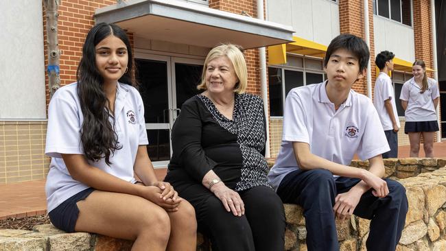 Success: Mount Lawley Senior High principal Lesley Street and students Hansika Jakkireddy and Bekhi Batnyam. Picture: Colin Murty