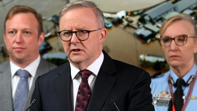 Prime Minister Anthony Albanese with Premier Steven Miles and Police Commissioner Katarina Carroll during a media conference on Tuesday. Picture: Dan Peled / NCA NewsWire