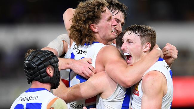 The Western Bulldogs celebrate their thrilling one-point victory over the Brisbane Lions. Picture: AFL Photos via Getty Images