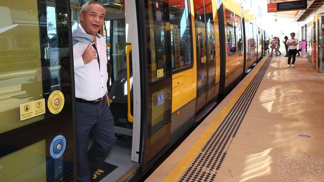 Mayor Tom Tate leaves a tram. Picture Glenn Hampson.