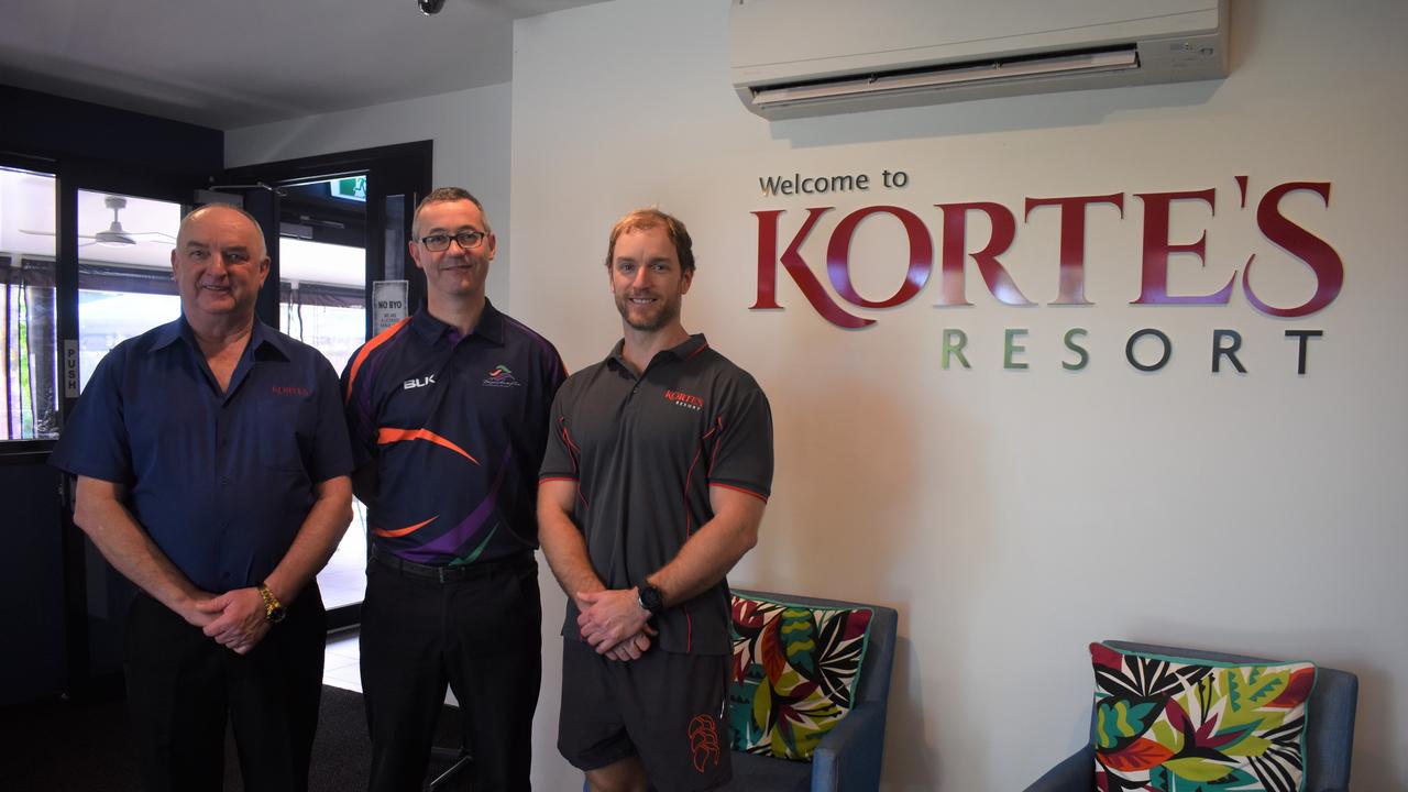 Bill and Cameron Korte with Scott Moss from the Rockhampton Leagues Club Board at Korte's Resort, Parkhurst.