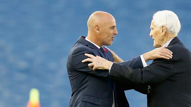 Kevin Muscat shares an embrace with war veteran Jack Jones before the round six clash with Brisbane Roar in what was the league’s ‘Remembrance Round’. Picture: Getty Images