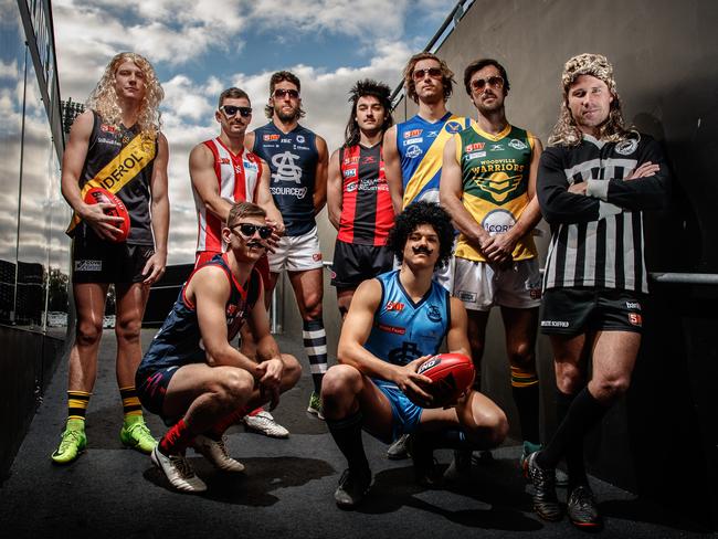 Lachlan Hosie (Glenelg), Alex Spina (North Adelaide), Alex Aurrichio (South Adelaide), Brett Turner (West Adelaide), Thomas Schmusch (West Torrens), Chris Hall (Woodville), Steven Summerton (Port Adelaide) and (front) Declan Hamilton (Norwood) with Tom Lewis (Sturt), all wearing their retro round guernseys at Adelaide Oval. Picture MATT TURNER.