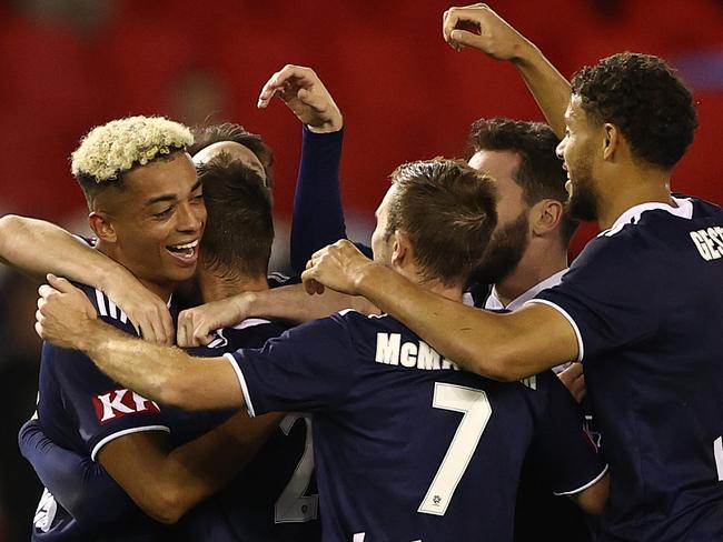 MELBOURNE, AUSTRALIA - APRIL 23: Ben Folami of the Victory celebrates after scoring a goal during the A-League match between the Melbourne Victory and the Western Sydney Wanderers at Marvel Stadium, on April 23, 2021, in Melbourne, Australia. (Photo by Robert Cianflone/Getty Images)