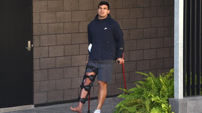 Fifita on crutches after injuring his knee. Picture: AAP Image/Dan Peled