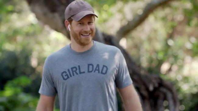 Prince Harry wears a shirt reading ‘Girl Dad’ while promoting Travalyst in the ad. Picture: Travalyst