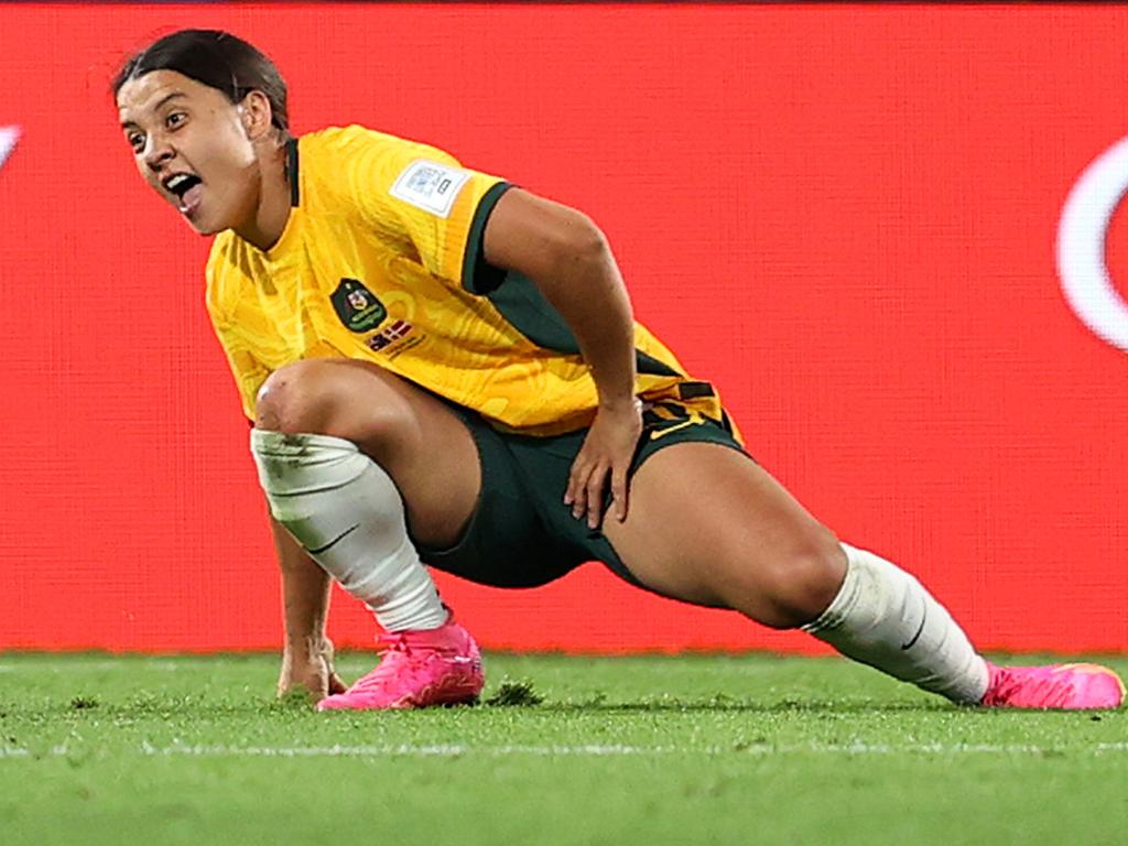 The nation holds it’s breath as Sam Kerr slips not long after taking the field for the first time in the World Cup. Picture: Brendon Thorne/Getty Images