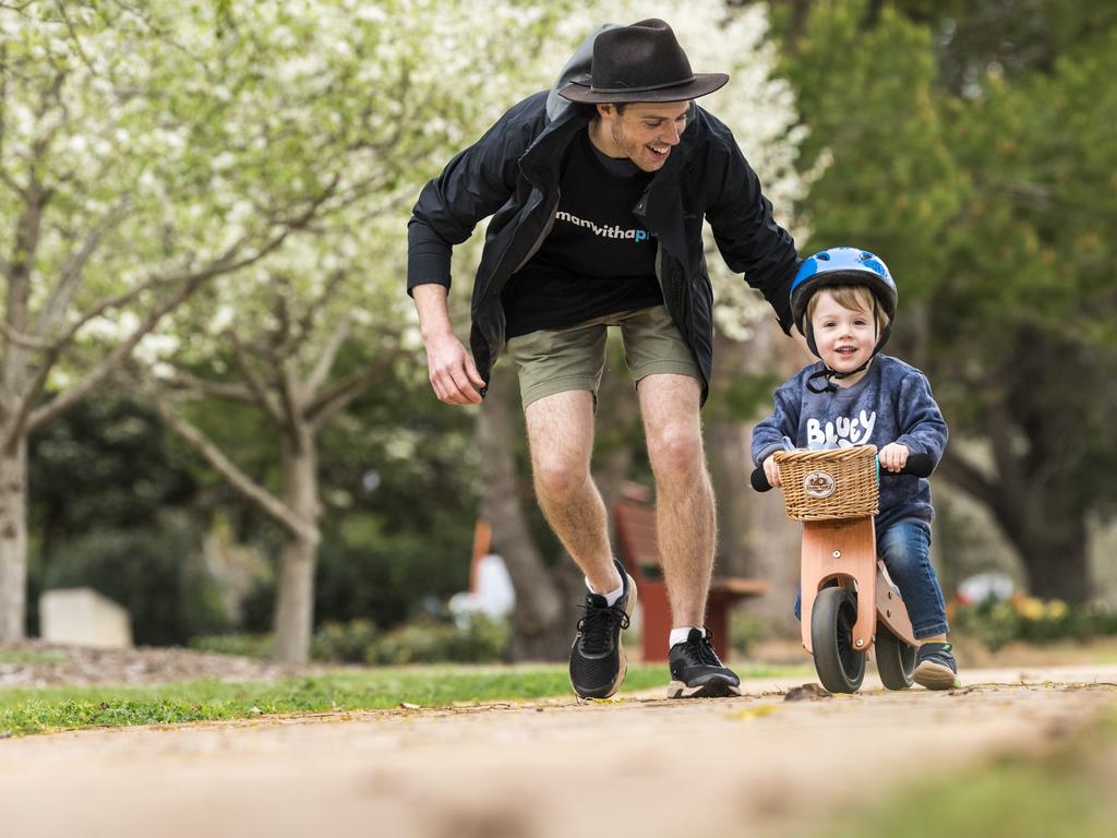 Ross Van Der Werff with his son Lowen at the Man with a Pram event on Father's Day, Sunday, September 5, 2021. Picture: Kevin Farmer