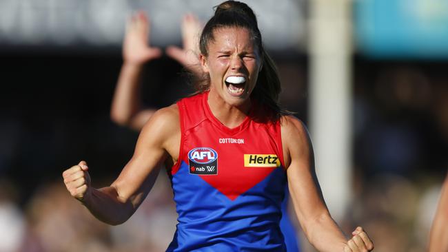 PERTH, AUSTRALIA - MARCH 21: Kate Hore of the Demons celebrates the win during the round eight AFLW match between the Fremantle Dockers and the Melbourne Demons at Fremantle Oval on March 21, 2021 in Perth, Australia. (Photo by James Worsfold/Getty Images)