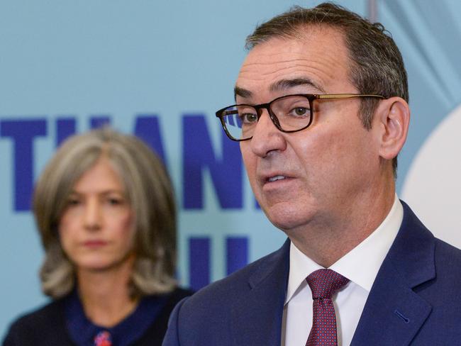 ADELAIDE, AUSTRALIA - NewsWire Photos JULY 01, 2021 - South Australian Chief Health Officer Professor Nicola Spurrier (L) watches Premier Steven Marshall during a Covid press conference at Wayville Vaccination Clinic. Picture: NCA NewsWire / Brenton Edwards