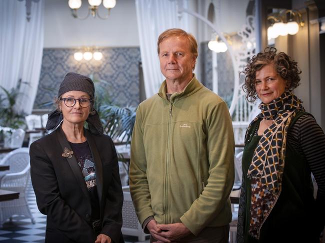 Hadley's Art Prize finalists Megan Walch, Alex Wanders and Michaye Boulter at Hadley's Orient Hotel. Picture: Chris Kidd