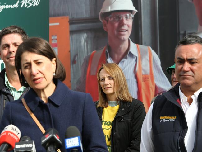 Premier Gladys Berejiklian and Deputy John Barilaro at Muswellbrook on Saturday to back the Nationals candidate. Picture: NCA NewsWire / Peter Lorimer.