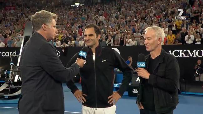 Anchorman interviews Federer on court