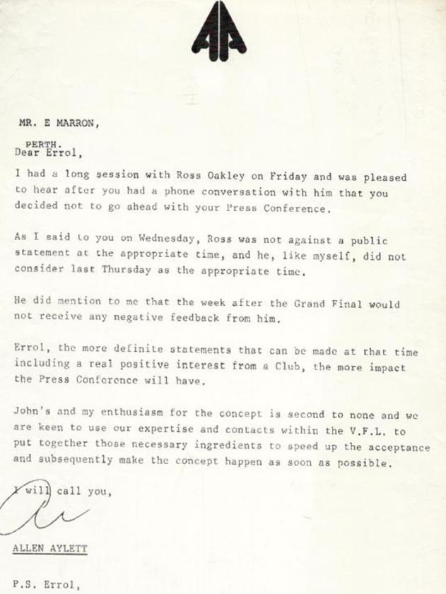 Allen Aylett’s letter to Errol Marron.