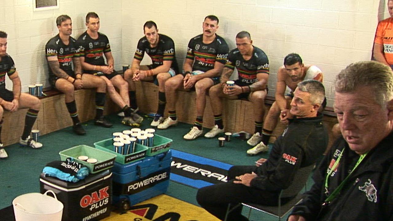 Phil Gould during the Panthers halftime talk during their clash with the Tigers.
