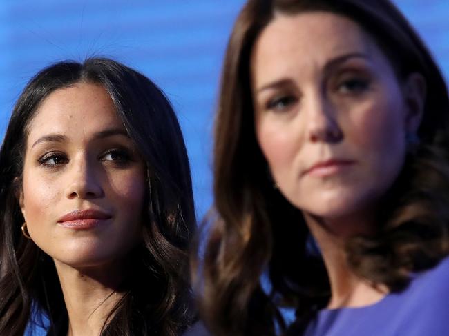 LONDON, ENGLAND - FEBRUARY 28: Meghan Markle (L) and Catherine, Duchess of Cambridge attend the first annual Royal Foundation Forum held at Aviva on February 28, 2018 in London, England. Under the theme 'Making a Difference Together', the event will showcase the programmes run or initiated by The Royal Foundation.  (Photo by Chris Jackson - WPA Pool/Getty Images)