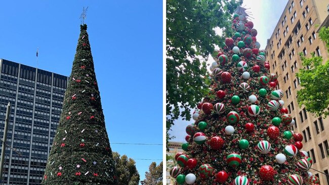 Adelaide's Christmas tree in Vic Square compared to Sydney's tree.