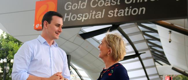 Bonney MP Sam O’Connor and Mudgeeraba MP Ros Bates discuss a police beat near the Gold Coast University Hospital.