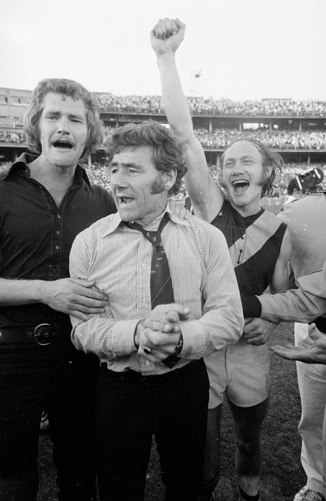 Barry Richardson, Hafey and Kevin Bartlett celebrate Richmond’s 1973 premiership.