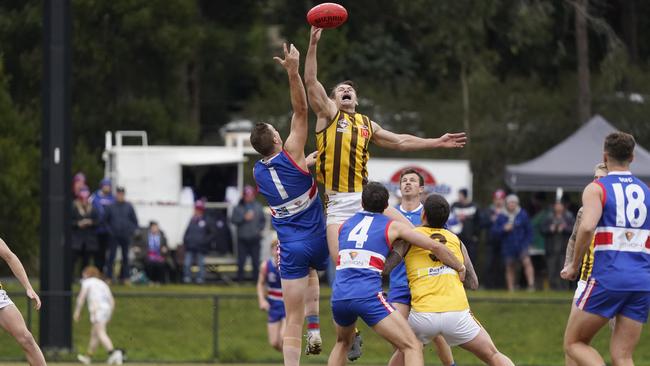 EFL: Rowville’s wins the tap over Max King of South Croydon. Picture: Valeriu Campan