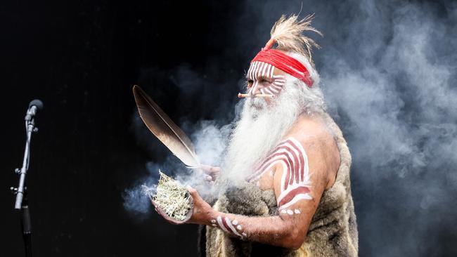 Uncle Moogy performing a welcoming smoking ceremony at the Voice State Ceremony Picture: Russell Millard Photography