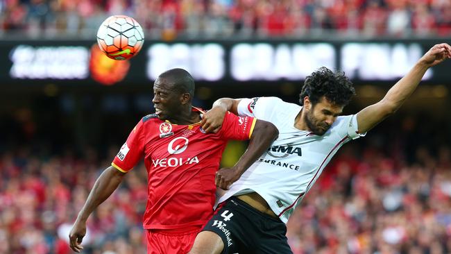 Adelaide United’s Bruce Djite and Western Sydney Wanderers Nikolai Topor-Stanley in 2016. Picture Sarah Reed