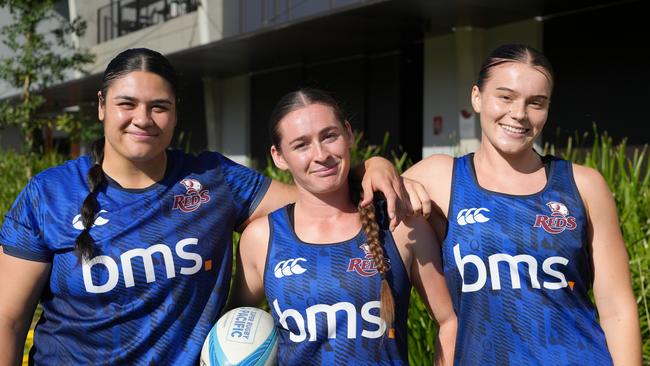 Bond University girls (from left) Eva Karpani, Faythe Manera and Jemma Bemrose will join with Queensland Reds women's teammates at a Gold Coast training session on Saturday. Photo: Neha Kumar.