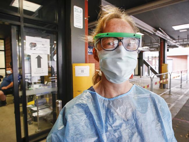 Royal Melbourne Hospital COVID-19 screening clinic nurse Robyn Lindsay is on the frontline. Picture: David Caird