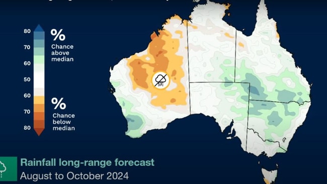 Get set for a soaking: the long-range forecast for rainfall over Australia from August to October. Source: Bureau of Meteorology