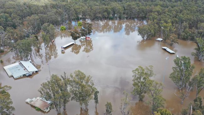 An overhead view of Princes Park, the home of the Shepparton Swans, during the floods last year. Picture: Ty Sutherland.