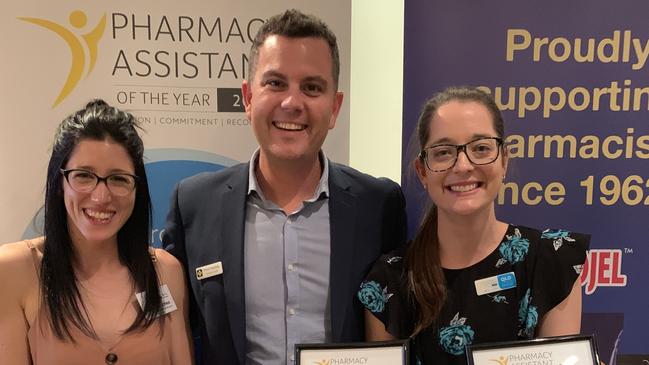 Pharmacy Assistant of the Year state finalist Melanie Spina from Alive Pharmacy Warehouse Innisfail, Pharmacy Guild of Australia acting national president Professor Trent Twomey and PATY Queensland winner Bridgette Atkinson from Babinda Pharmacy. PIC: SUPPLIED