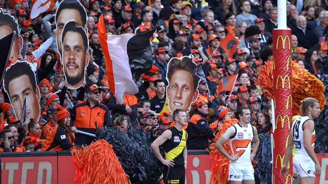 Richmond’s Jack Riewoldt and Giants Phil Davis during the AFL grand final won in emphstic fashion by Richmond.