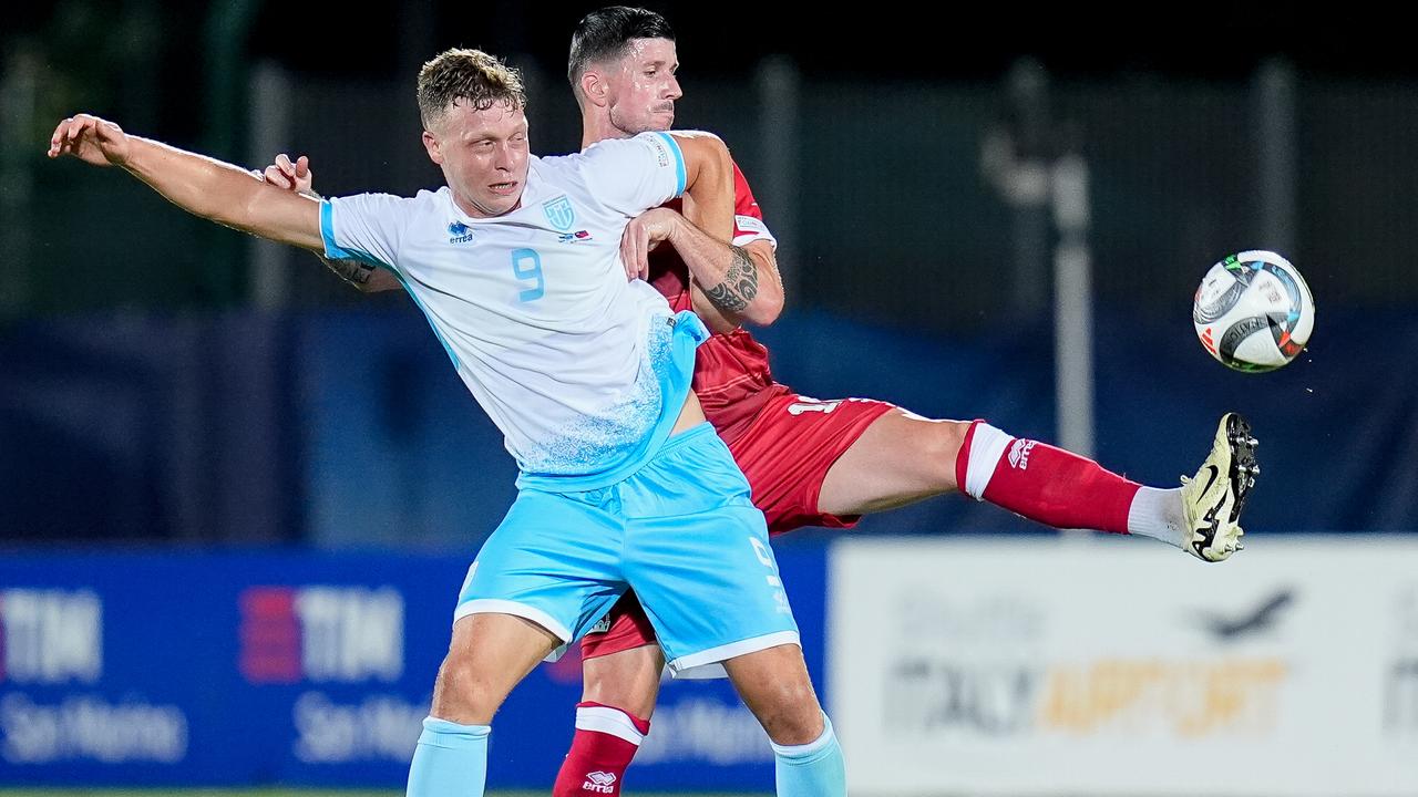 San Marino, San Marino – September 5: Nicola Nanni of San Marino and Sandro Wieser of Liechtenstein compete for the ball during the UEFA Nations League 2024/2025 League D – Group 1 match between San Marino and Liechtenstein at San Marino Stadium on September 5, 2024 in San Marino, San Marino. (Photo by Giuseppe Maffia/DeFodi Images via Getty Images)