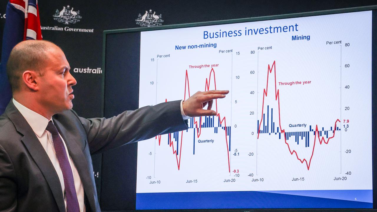 Treasurer Josh Frydenberg points to a chart when discussing Australia’s recession yesterday. Picture: David Gray/Getty Images