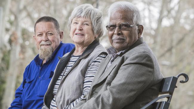 Retired kidney surgeon Dr Mohan Rao with his very first live donor patient, Pamela Prescott and her son who received her kidney, Tony McDonald. Picture: Simon Cross