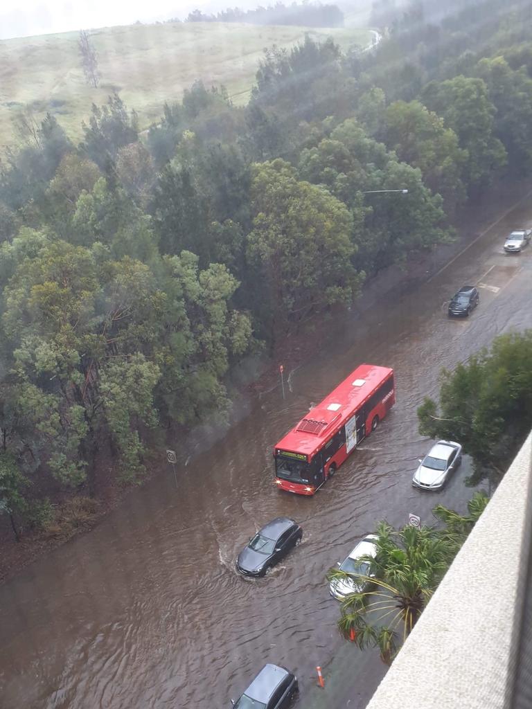 Flooded streets at Wentworth Point. Picture: Lee Williams.