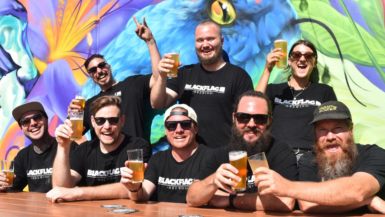 The Blackflag Brewing crew at the grand opening of their Coolum Beach brewery. Front row: Ross Holloway, Clin Hagerty, Steven Barber, John Coumessos, Ben Baker. Back row: Greg pieris, Connor Aldridge and Nicola Cosmann. Picture: Sam Turner