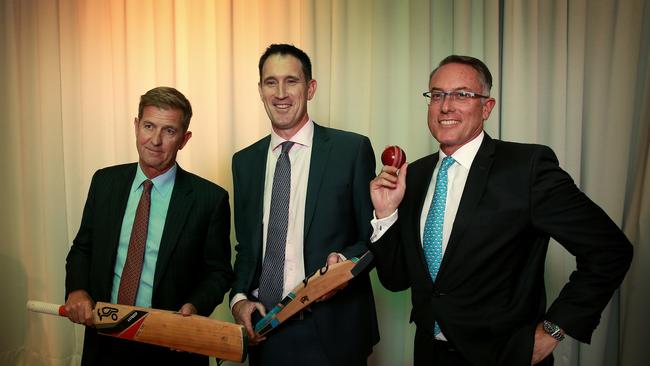 NEW ERA: Cricket Australia CEO James Sutherland (C) announces a new broadcast rights deal with Channel 7 CEO Tim Worner (left) and Foxtel and Fox Sports CEO Patrick Delany (right) in Sydney. Picture: Toby Zerna