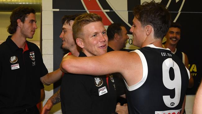 Dan Hannebery celebrates St Kilda’s win over Gold Coast. Picture: Getty Images 