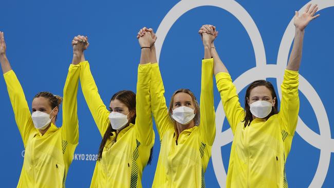 Australia’s Emma McKeon, Meg Harris, Bronte and Cate Campbell with their gold medals after the women's 4x100m freestyle relay final. Picture: Alex Coppel