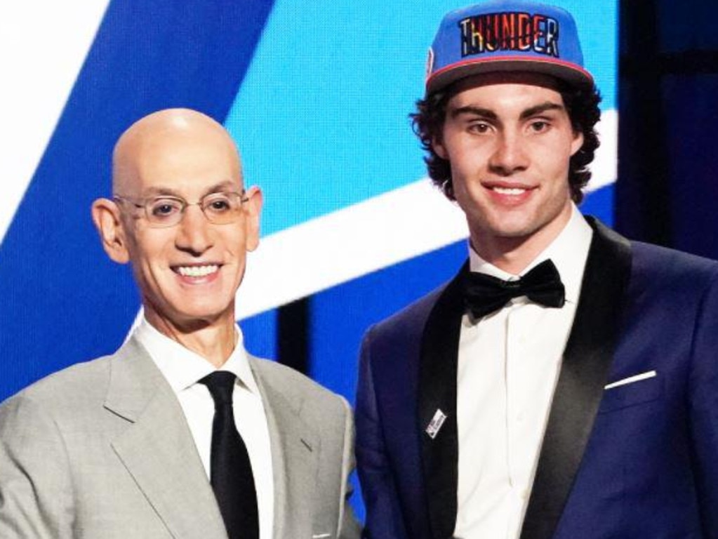NBA Commissioner Adam Silver and Josh Giddey after Giddey was drafted by the Oklahoma City Thunder in 2021.