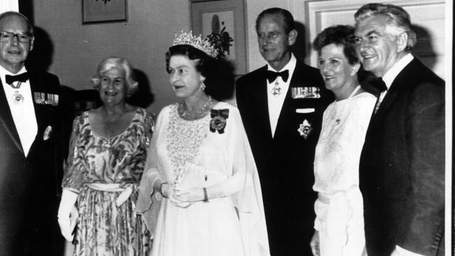 Then governor-general Sir Ninian Stephen, far left with Queen Elizabeth II, Prince Philip, Bob Hawke and Hazel Hawke in 1988.