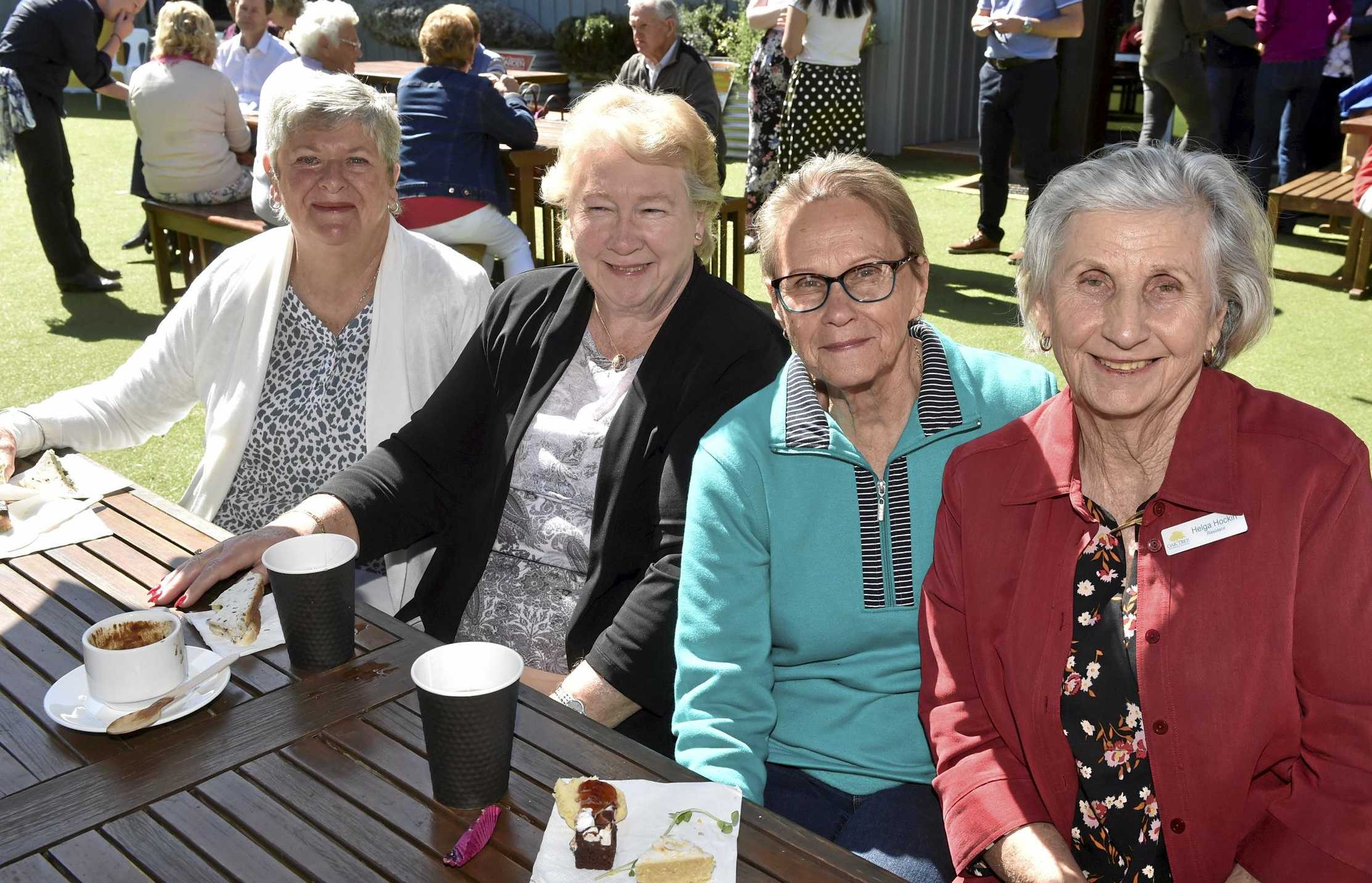 Enjoying morning tea at the launch of The Chronicle Garden Competition are (from left) Roslyn Morley, Christine Collard, Joan Rollason and Helga Hockin. Launch of Chronicle Garden Compettion. August 2019. Picture: Bev Lacey