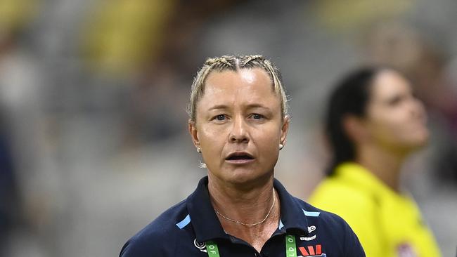 TOWNSVILLE, AUSTRALIA - JUNE 27: Blues coach Kylie Hilder  looks on before game three of the 2024 Women's State of Origin series between Queensland Maroons and New South Wales Sky Blues at Queensland Country Bank Stadium on June 27, 2024 in Townsville, Australia. (Photo by Ian Hitchcock/Getty Images)