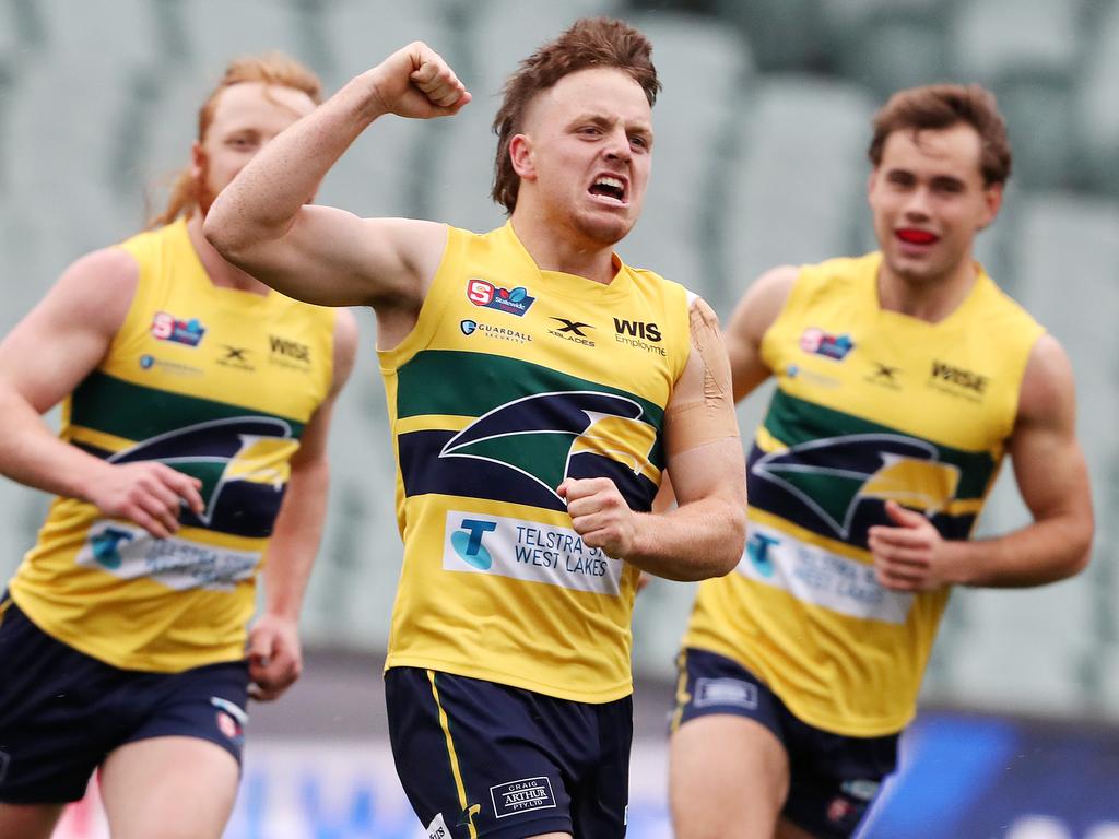 Woodville West Torrens’ James Rowe celebrates a goal in the SANFL.