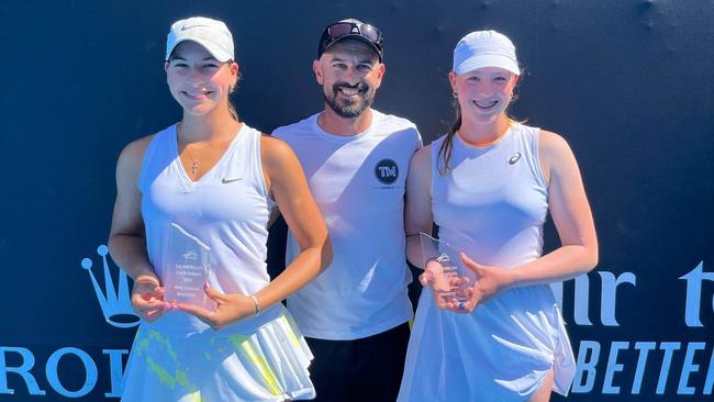 Ava-Monet Sycamore, Marc Sophoulis and Bridget Mihulka after their December Showdown Australian U16 doubles win. Picture: Supplied